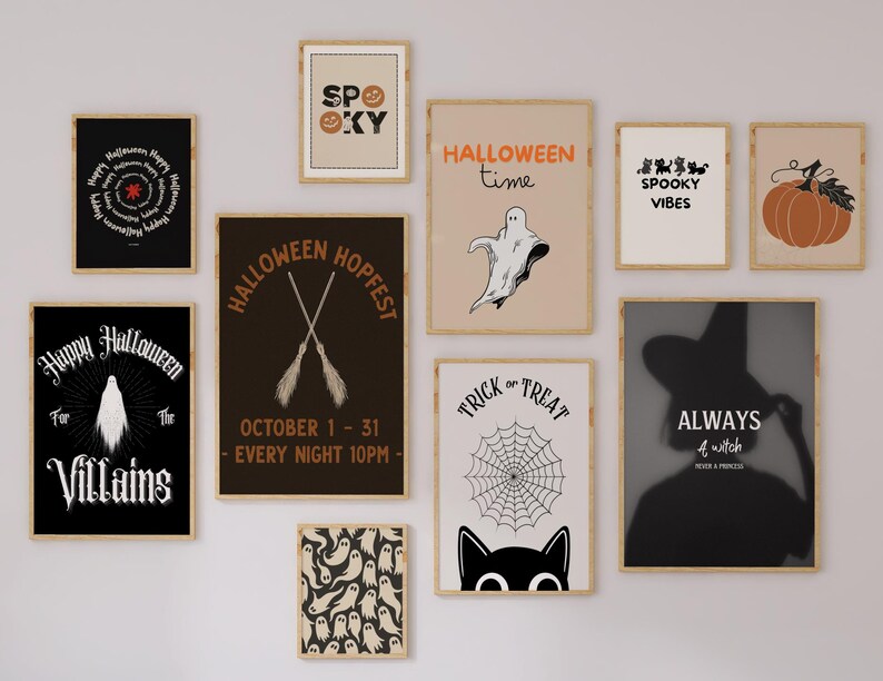 Puede incluir: Una colecci&oacute;n de l&aacute;minas art&iacute;sticas enmarcadas con tem&aacute;tica de Halloween. Las l&aacute;minas presentan varios dise&ntilde;os, incluyendo una calabaza, fantasmas, siluetas de brujas y textos como "Spooky Vibes" y "Trick or Treat". La paleta de colores incluye negro, blanco, naranja y beige.