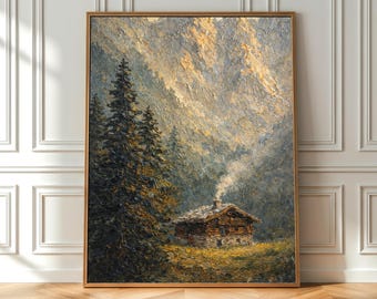 Textured Oil Painting Print – Mountain Cabin Landscape, Rustic Luxury Decor (UNFRAMED)
