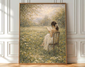 Girl Reading Meadow Printable PDF — Cottagecore Wall Art, Vintage Landscape Decor, (Digital Download)