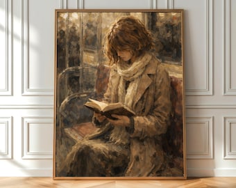 Girl Reading on Train Printable Wall Art — Book Lover Art Print — Literary Decor, PDF