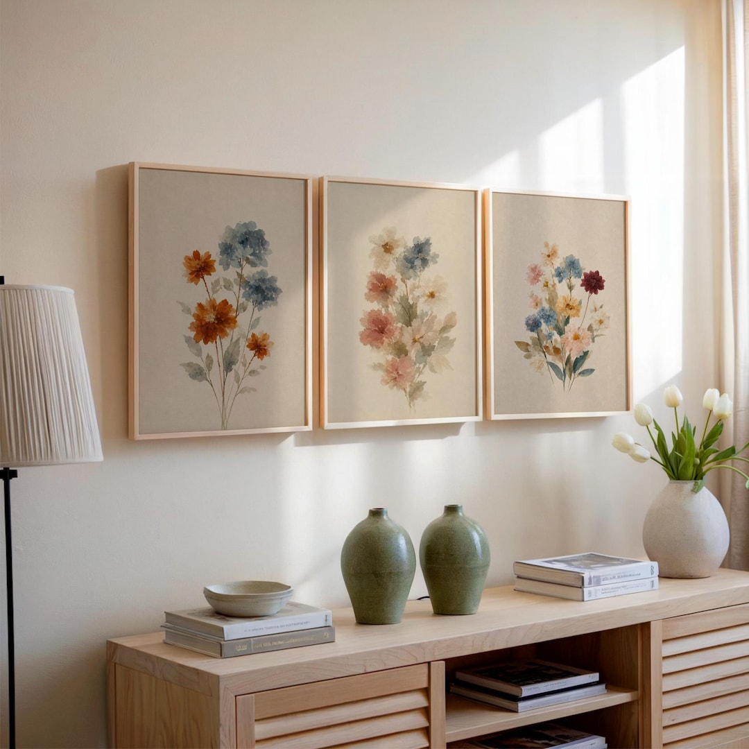 Vintage Botanical Watercolor Prints, Set of 3 Neutral Floral Gallery ...