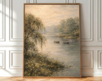 Serene Lake Wall Art Printable, Calm Nature Landscape Decor, Neutral Cottagecore Art, Digital Download