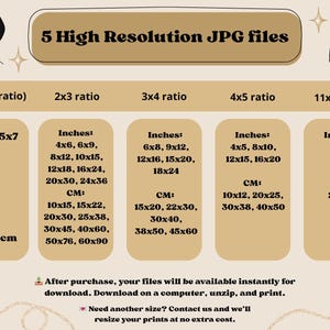 Puede incluir: Gr&aacute;fico beige con texto que detalla los tama&ntilde;os de impresi&oacute;n en pulgadas y cent&iacute;metros para archivos JPG de alta resoluci&oacute;n. Los tama&ntilde;os incluyen 5x7, 4x6, 6x8, 4x5 y 11x14 pulgadas, con las medidas m&eacute;tricas correspondientes.