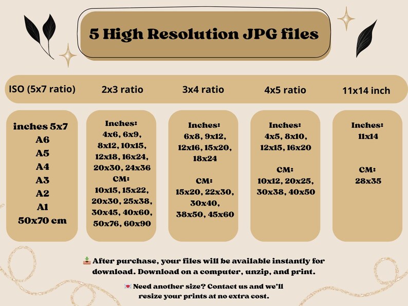 Puede incluir: Gr&aacute;fico beige con texto que detalla los tama&ntilde;os de impresi&oacute;n en pulgadas y cent&iacute;metros para archivos JPG de alta resoluci&oacute;n. Los tama&ntilde;os incluyen 5x7, 4x6, 6x8, 4x5 y 11x14 pulgadas, con las medidas m&eacute;tricas correspondientes.