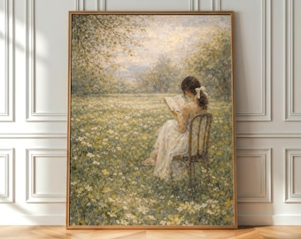 Vintage Impressionist Girl Reading Print, Cottagecore Floral Field Wall Art (Unframed)