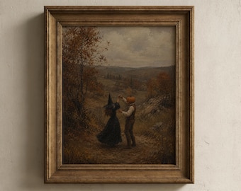 Cuadro decorativo vintage de Halloween para pareja, pintura de bruja otoñal con aire melancólico, decoración otoñal con calabazas (descarga digital)