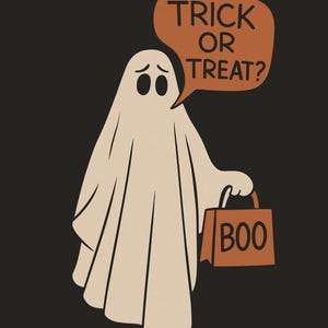 Puede incluir: Ilustraci&oacute;n de dibujos animados de un fantasma sosteniendo una bolsa marr&oacute;n con la palabra "BOO". El fantasma tiene un bocadillo que dice "TRICK OR TREAT?" sobre un fondo negro. El fantasma lleva una s&aacute;bana blanca.