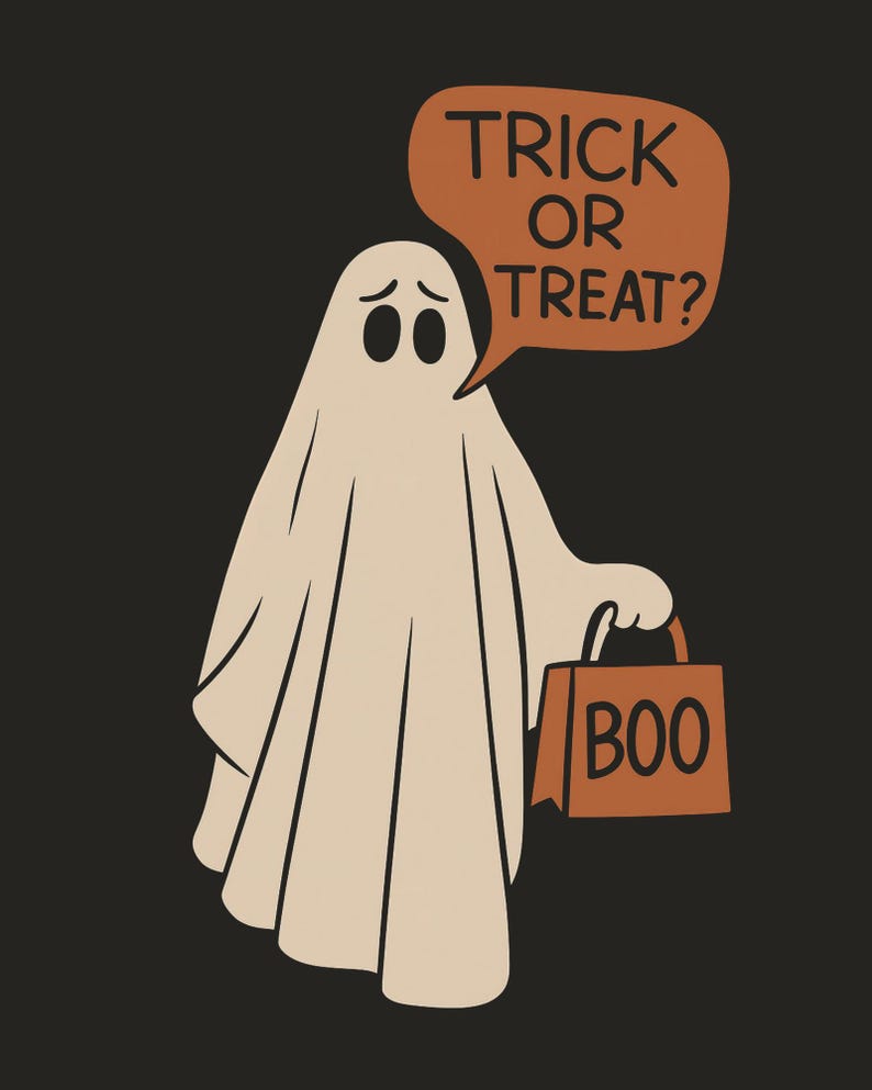 Puede incluir: Ilustraci&oacute;n de dibujos animados de un fantasma sosteniendo una bolsa marr&oacute;n con la palabra "BOO". El fantasma tiene un bocadillo que dice "TRICK OR TREAT?" sobre un fondo negro. El fantasma lleva una s&aacute;bana blanca.