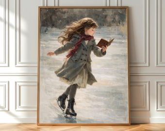 Vintage Ice Skating Girl Reading Art Print, Cozy Winter Scene (Digital Download)