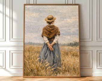 Vintage Prairie Woman Wall Art Printable, Cottagecore Farmhouse Landscape Painting, Digital Download