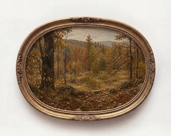 Cuadro decorativo vintage de bosque otoñal, pintura de paisaje con ambiente melancólico, decoración rústica de otoño (descarga digital)