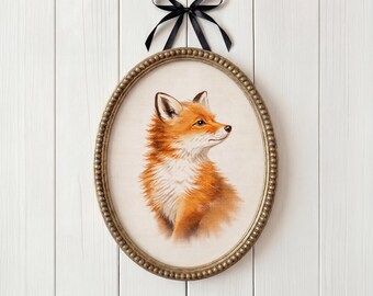 Arte de parede realista de raposa, textura de ponto cruz, decoração de floresta (download digital)