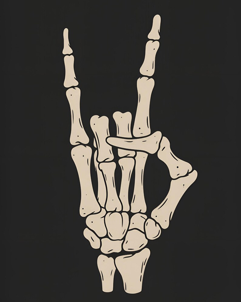 Puede incluir: Ilustraci&oacute;n beige de una mano esquel&eacute;tica haciendo el gesto de la mano de rock and roll sobre un fondo negro. La mano est&aacute; en un pu&ntilde;o con los dedos &iacute;ndice y me&ntilde;ique extendidos hacia arriba.