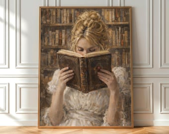 Girl Reading Book Printable Wall Art, Cozy Library Painting, Literary Decor (Digital Download)