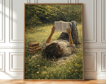 Girl Reading Printable Wall Art, Book Lover Painting, Literary Art Print, Digital Download