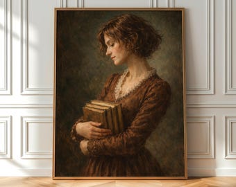 Vintage Book Lover Wall Art Printable, Woman With Books Painting, Dark Academia Decor, PDF