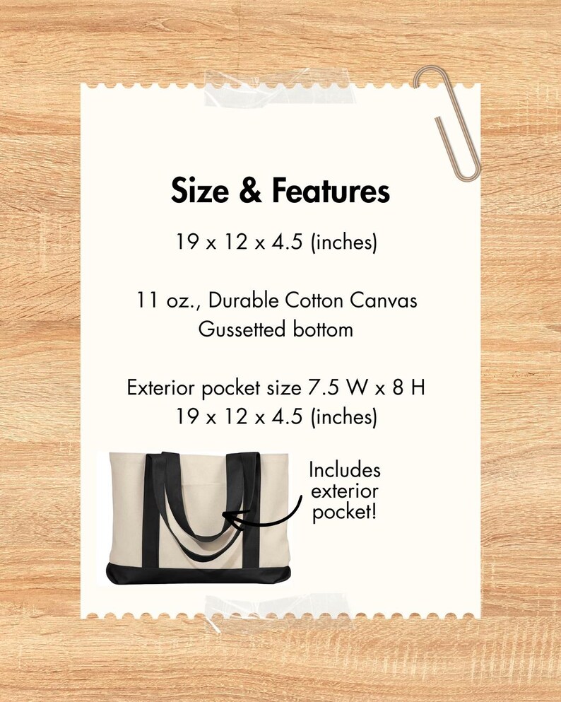 May include: A cream-colored tote bag with black accents, including the bottom and handles. The image includes text detailing the bag's size (19 x 12 x 4.5 inches), material (durable cotton canvas), and features, such as an exterior pocket.