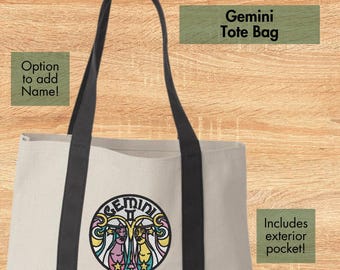 Embroidered Gemini Zodiac Tote Bag | Celestial Astrology Canvas Bag (Personalized Option)