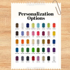 May include: A color chart titled "Personalization Options" with various thread colors for a bandana design. The chart includes a range of colors, from light brown to snow white, with text at the bottom clarifying the color options.