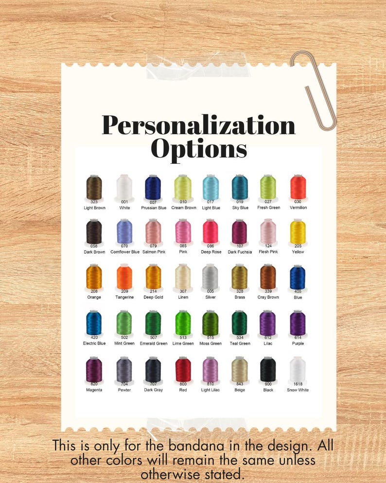 May include: A color chart titled "Personalization Options" with various thread colors for a bandana design. The chart includes a range of colors, from light brown to snow white, with text at the bottom clarifying the color options.