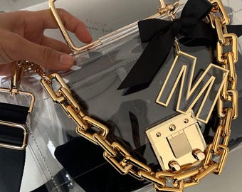 Clear Stadium Crossbody Bag, Gold Chain Purse, Customisable Initial