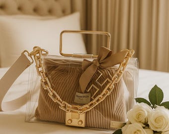 Minimalist Clear Stadium Bag: Handmade Vinyl Purse with Gold Chain