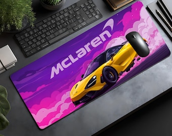 McLaren Race Car Desk Mat, Colorful Speeding Sports Car Gaming Setup Decor