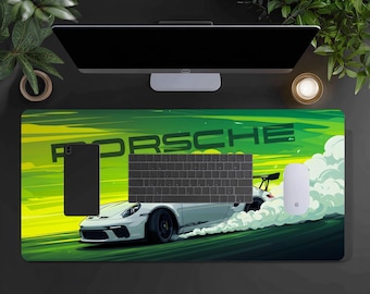 Porsche 911 GT3 RS Race Car Desk Mat, Colorful Sports Car Gaming Setup Decor