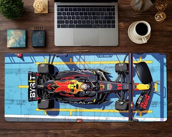 Redbull F1 Race Car Desk Mat | Top-Down Pit Lane Gaming Mousepad