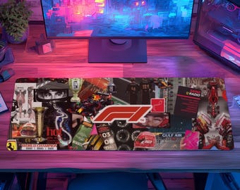 Formula One Collage Desk Mat, Colorful Gaming Setup Decor, Polyester Rubber