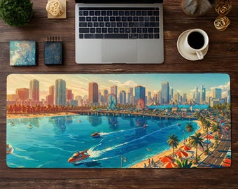 GTA V City Horizon Desk Mat, Colorful Sports Car Gaming Setup Decor