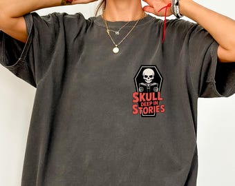 Camiseta de lectura con calaveras de colores cómodos, regalo para amantes de los libros, camiseta de Halloween