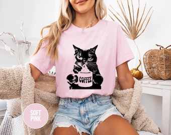 Camiseta divertida de gato con café: unisex, regalo para amantes de los gatos