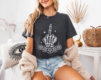 Floral Skeleton Middle Finger Shirt, Funny Graphic Tee