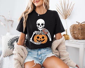 Funny Skeleton Pumpkins Halloween T-Shirt, Unisex Fall Tee