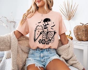 スケルトングラフィックTシャツ、ゴシックハロウィンパーティーTシャツ