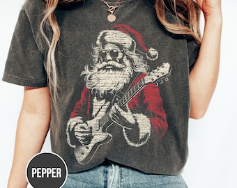 Comfort Colors, Vintage Santa Guitar T-Shirt, Funny Retro Christmas Shirt, Unisex