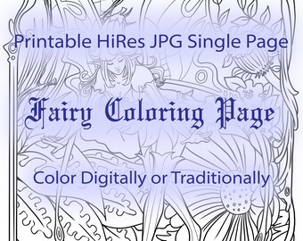 Adult Color Page Fairy Fantasy Fae Flowers Digital Download