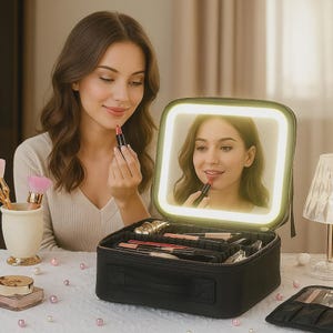 Può includere: Astuccio per trucco nero con specchio illuminato integrato. La custodia è aperta, rivelando vari articoli per il trucco. Una donna si applica il rossetto, riflessa nello specchio. La custodia ha una chiusura a cerniera e una maniglia. Lo specchio ha una luce bianca brillante.