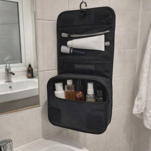 Reise-Make-up-Tasche Wasserdicht - Kulturbeutel zum Aufhängen, große Kosmetiktasche mit Haken black