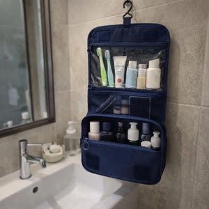 Reise-Make-up-Tasche Wasserdicht - Kulturbeutel zum Aufhängen, große Kosmetiktasche mit Haken navy blue