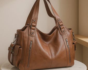 Large PU Tote Bag, Colorblock Shoulder Handbag, Soft Zip Work Purse, Minimal Everyday Fashion Bag