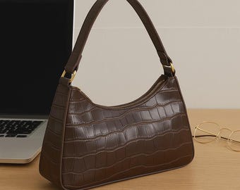 Crocodile Shoulder Bag – Women’s Crocodile Shoulder Bag, PU Leather Baguette Purse, Small Underarm Crossbody Handbag