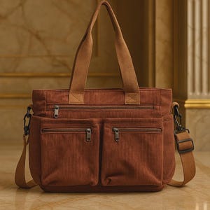 May include: A corduroy tote bag in a warm brown hue, featuring multiple zippered pockets on the front and a matching adjustable shoulder strap. The bag has sturdy handles for carrying and a structured design.