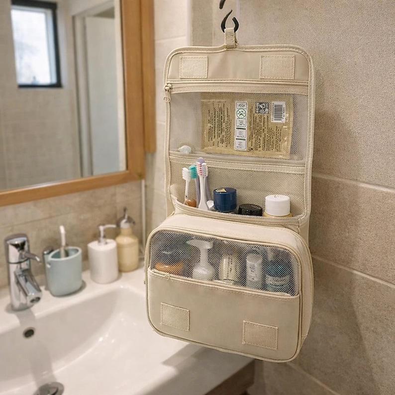 Reise-Make-up-Tasche Wasserdicht - Kulturbeutel zum Aufhängen, große Kosmetiktasche mit Haken beige