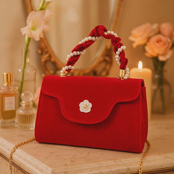 Sac à main vintage en velours rouge – sac perlé élégant avec nœud diamant – idée cadeau Saint-Valentin