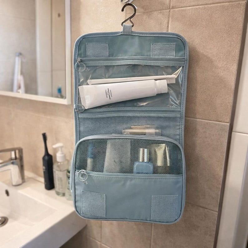 Reise-Make-up-Tasche Wasserdicht - Kulturbeutel zum Aufhängen, große Kosmetiktasche mit Haken blue