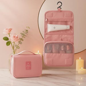 K&ouml;nnte beinhalten: Eine rosa Kosmetiktasche und ein h&auml;ngender Kulturbeutel. Der Organizer hat mehrere F&auml;cher und eine Netztasche. Eine Tube Produkt ist in einem der F&auml;cher sichtbar. Die Tasche hat einen Griff und ein Etikett.