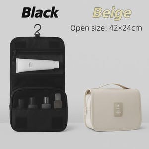K&ouml;nnte beinhalten: Schwarze und beige Reise-Kulturtaschen. Die schwarze Tasche ist ge&ouml;ffnet und zeigt eine Tube Produkt und mehrere kleine Flaschen. Die beige Tasche ist geschlossen und hat einen Griff. Offene Gr&ouml;&szlig;e der schwarzen Tasche: 42x24cm.