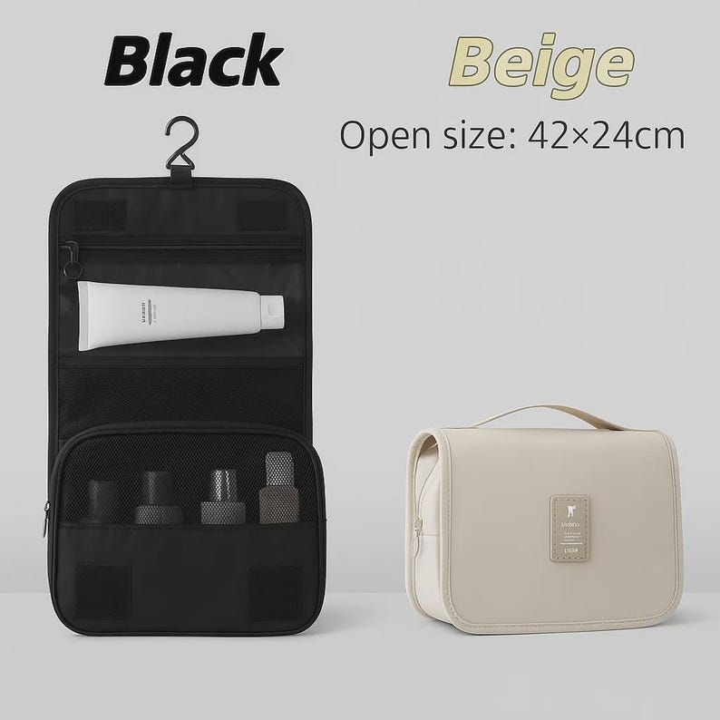 K&ouml;nnte beinhalten: Schwarze und beige Reise-Kulturtaschen. Die schwarze Tasche ist ge&ouml;ffnet und zeigt eine Tube Produkt und mehrere kleine Flaschen. Die beige Tasche ist geschlossen und hat einen Griff. Offene Gr&ouml;&szlig;e der schwarzen Tasche: 42x24cm.